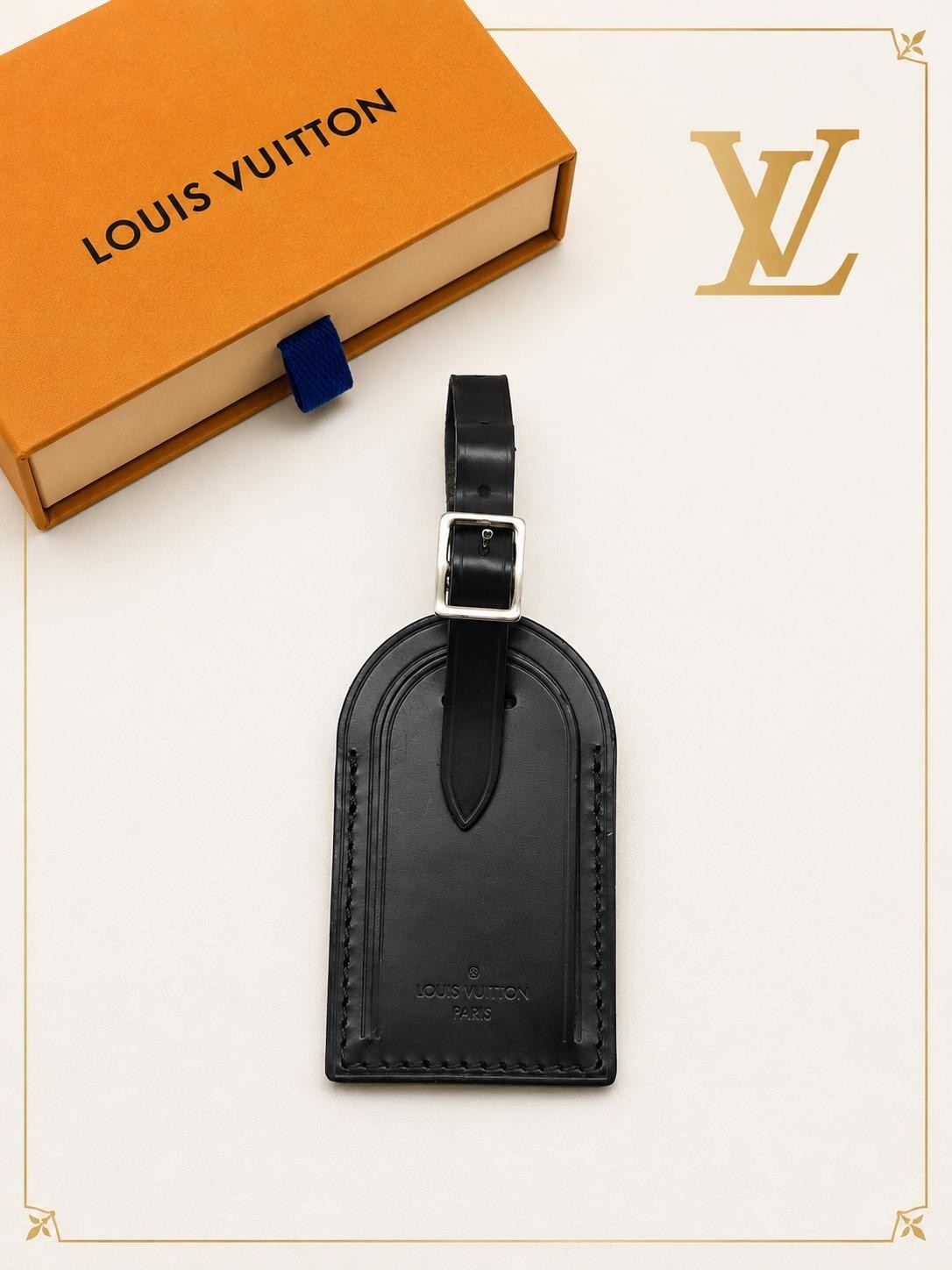 Authentic Louis Vuitton Black Luggage Tag Silver Hardware LV Box