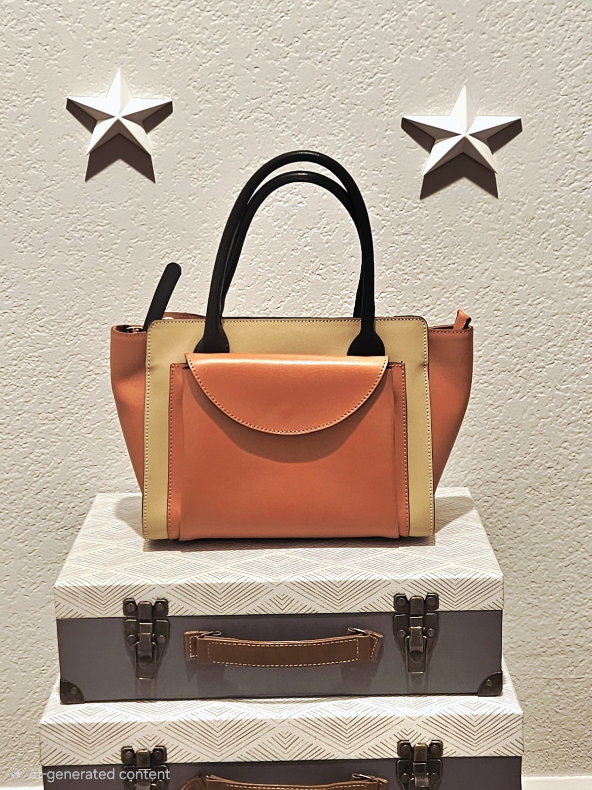 Orange Beige Colorblock Satchel Top Handle Bag Zip Top Detachable Strap Gold HW