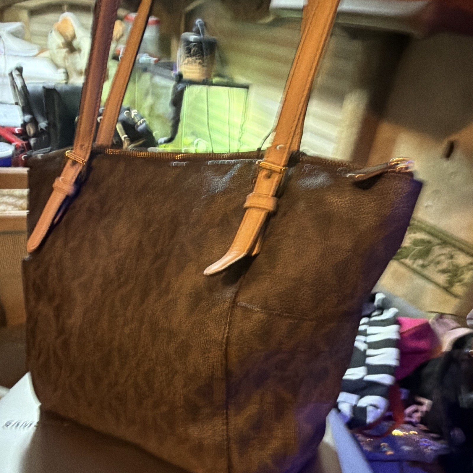 Michael Kors Brown Large Tote Logo Pattern Zip Top Gold Hardware Bag Charm