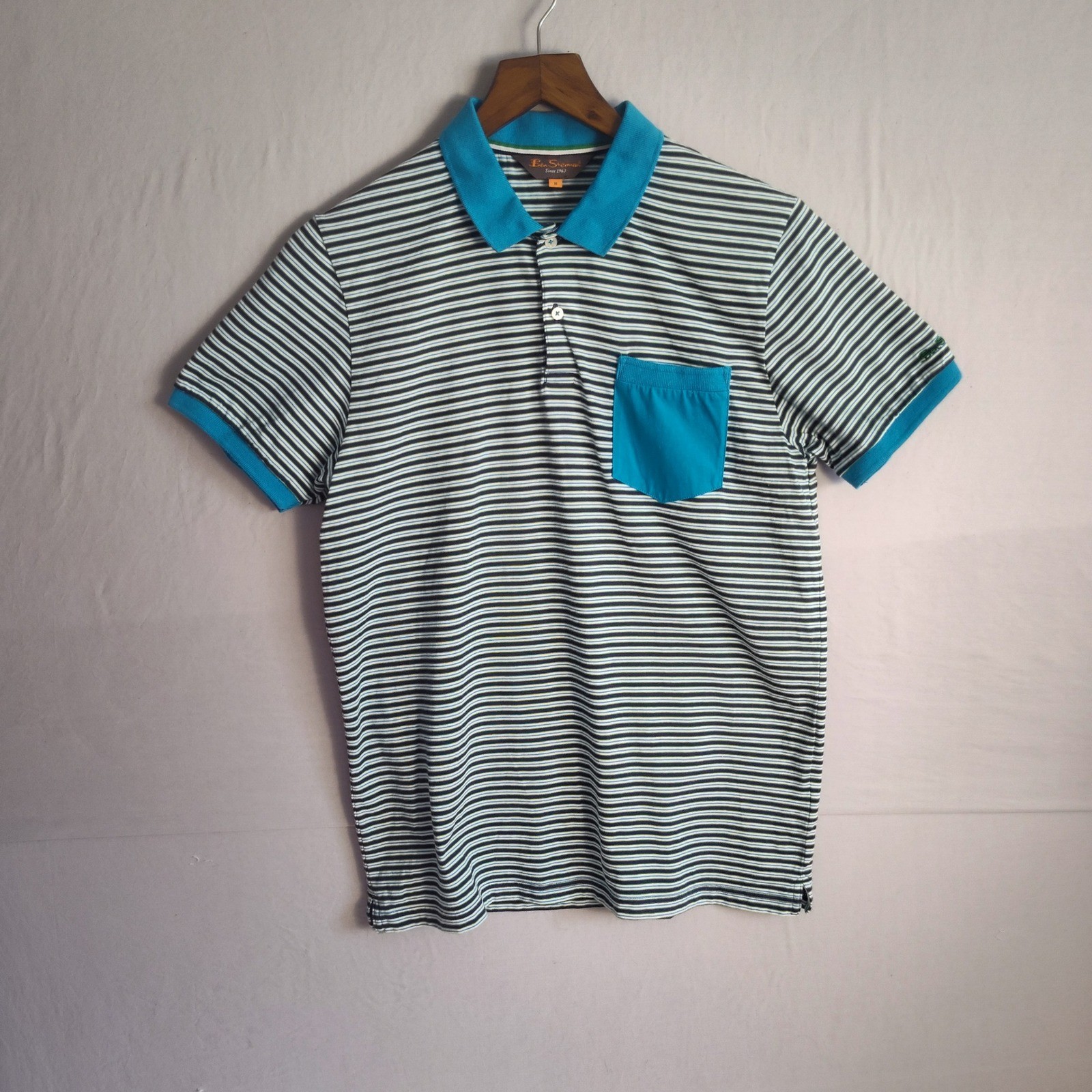 Ben Sherman Mens Striped Polo Shirt Short Sleeve Turquoise Pocket Navy Blue M