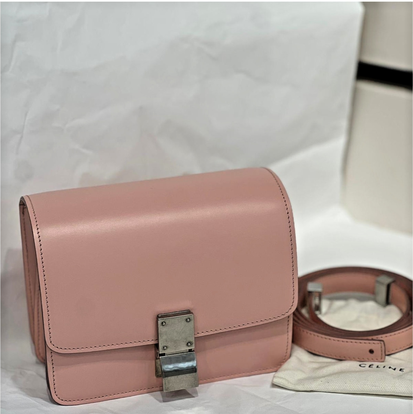 Authentic Celine Classic Box Mini Smooth Calfskin Shoulder Bag Pink Silver-Tone