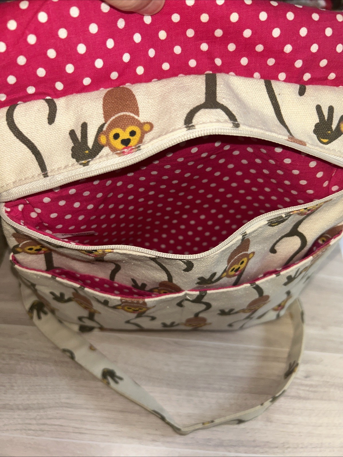 Bungalow 360 Monkey Canvas Cross Body Bag, 55” Strap, Polka Dot Lining, Peace