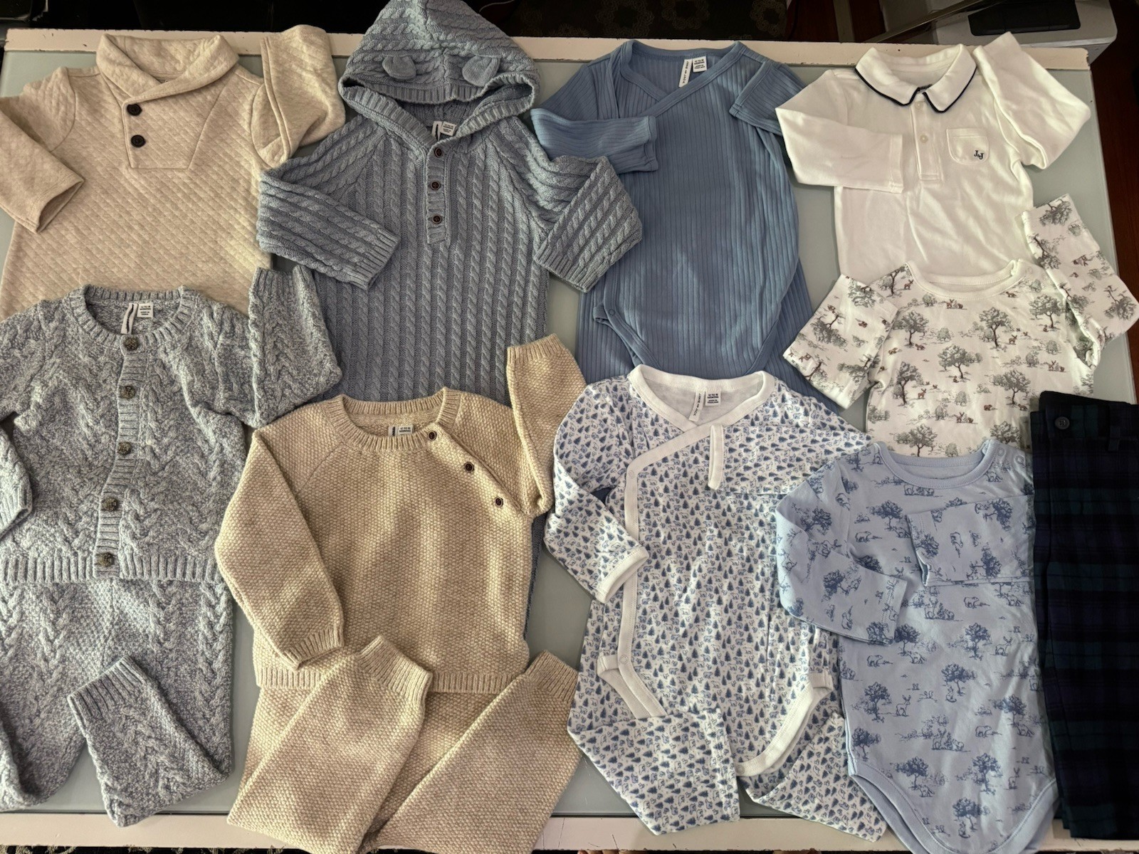 JANIE AND JACK Snow Cub Tan Cable Knit 14 PCS Set & Romper Size 12-18 Month
