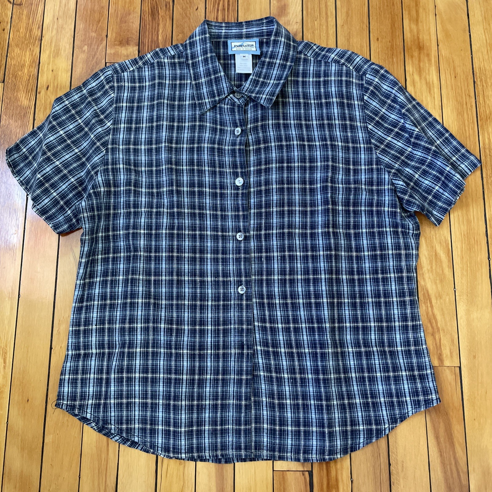 Vintage 90s Y2K Pendleton Blue Plaid 100% Linen Short Sleeve Button Up Womens M