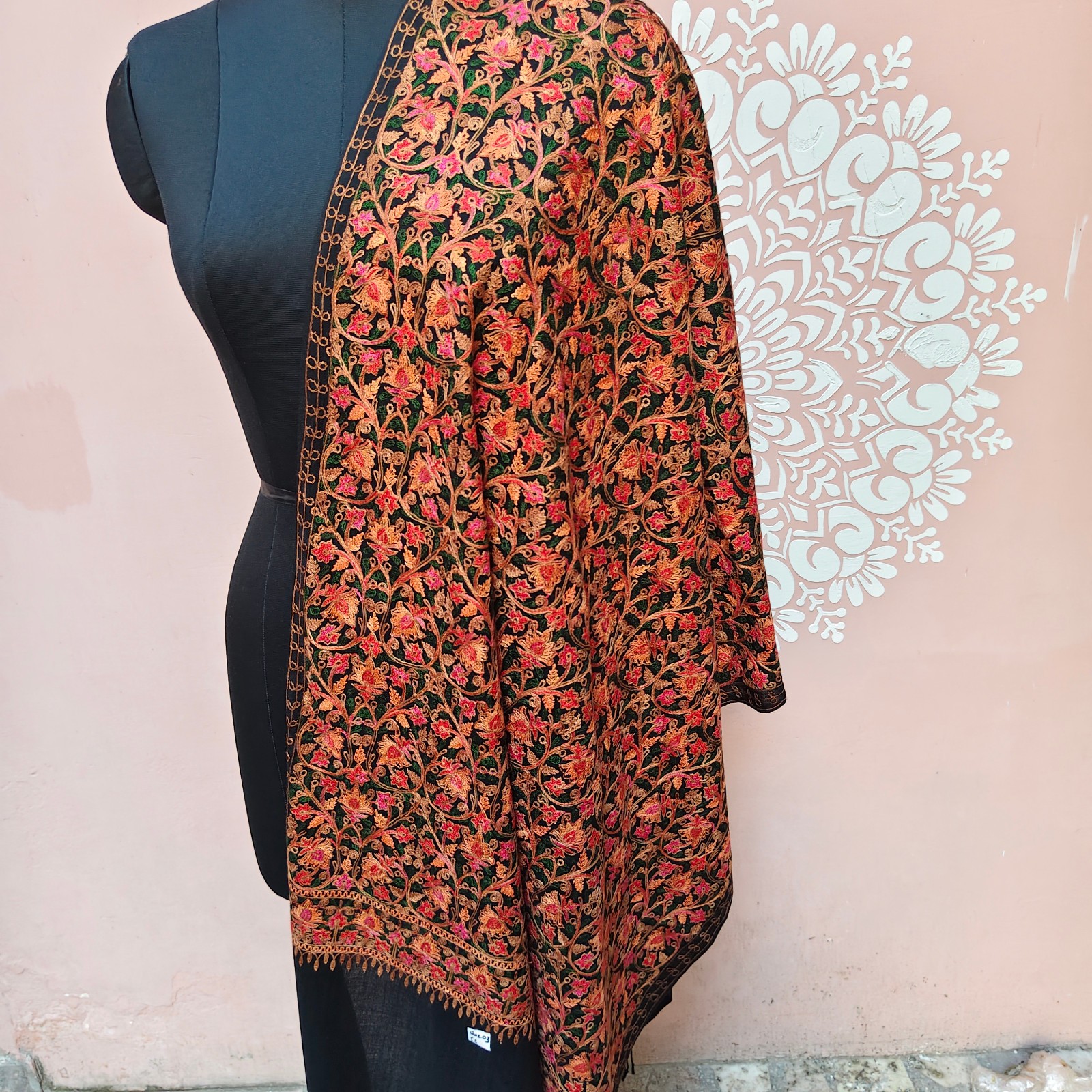KASHMIRI BLACK CREWEL ALL EMBROIDERED FLORAL SILK PASHMINA STOLE