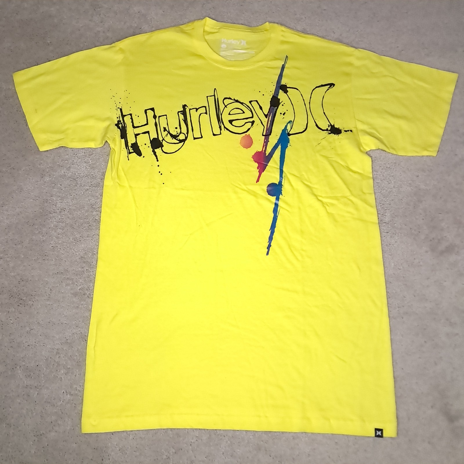 Y2K Hurley International T-shirt Mens Medium Yellow Lightning Bolt Paint Splat