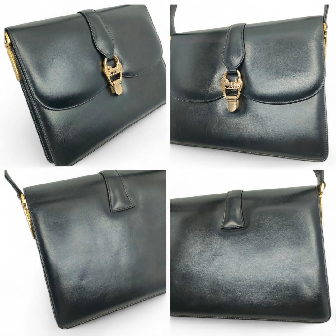 CELINE Black Leather Horse Carriage Shoulder Bag Gold Hardware Auth