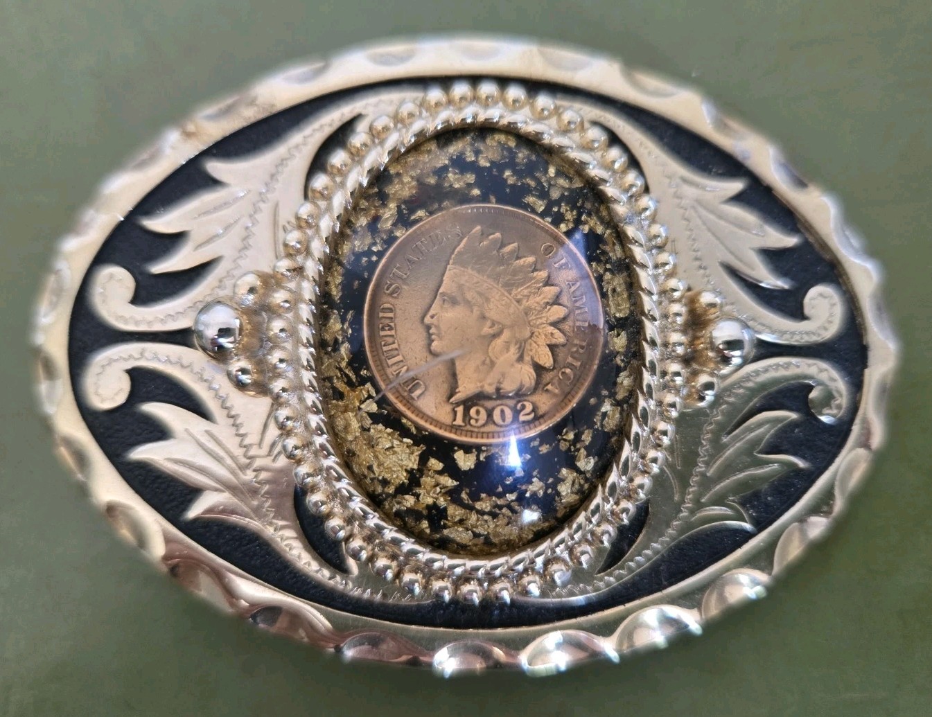 Gold Flakes & 1902 US Indian Head Penny Ornate Oval Belt Buckle Black