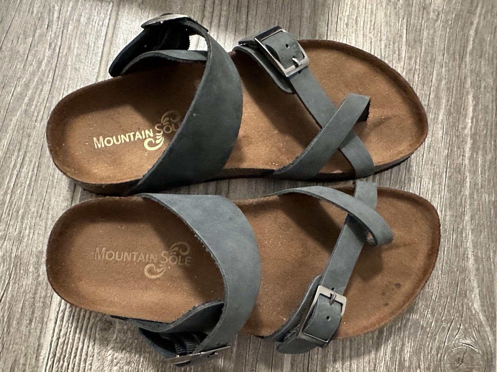 New In Box Mountain Sole Women’s Birk-Style Slip-On Sandals in black leather