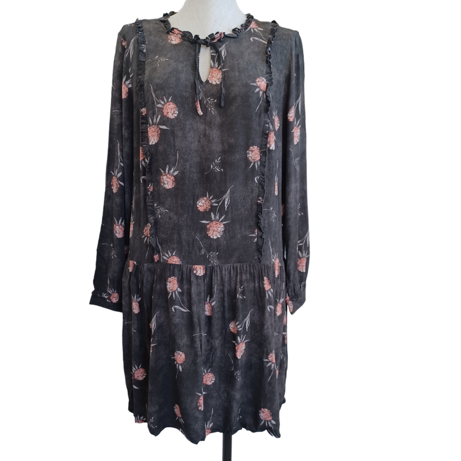 Caslon Dress Womens Med Brown Pink Floral Long Sleeve Drop Waist Tie Neckline
