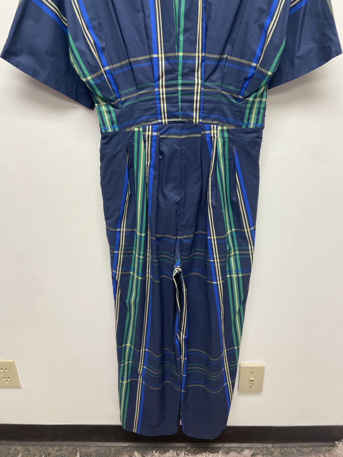 Aureum Short Sleeve Jumpsuit Bethany Blue Green Plaid Pleated Waist Cropped S