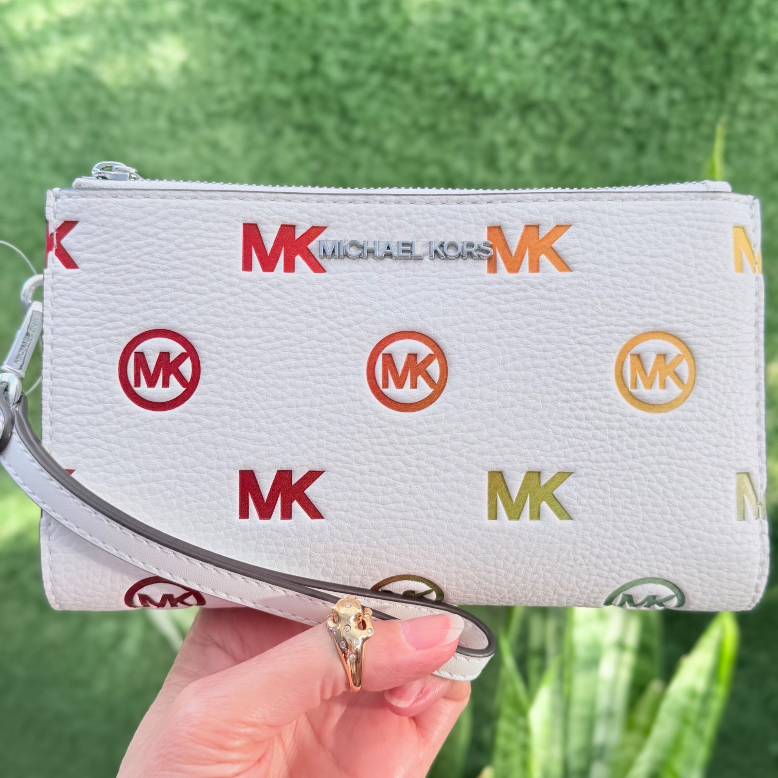 Michael Kors Jet Set Travel Double Zip Wristlet Wallet MK Rainbow Optic White