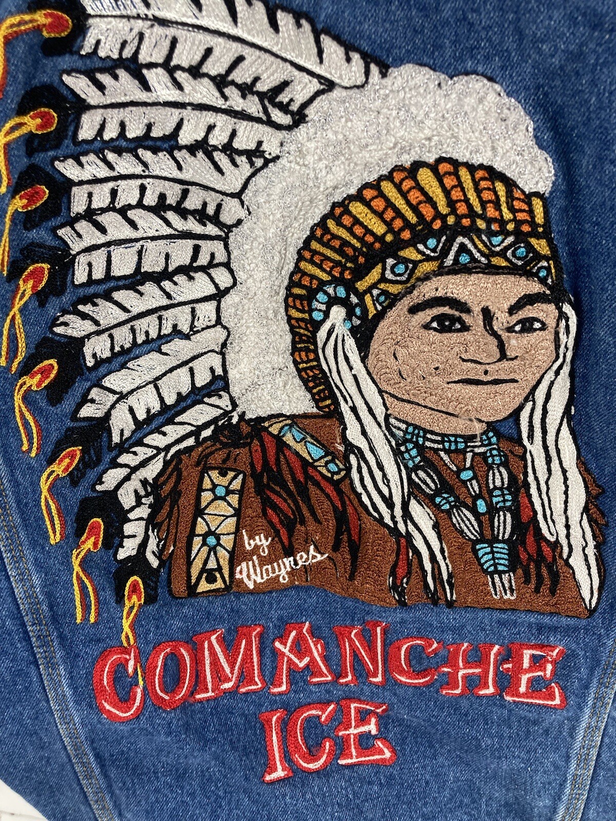 Comanche Chief Denim Trucker Jacket Men Size Small Embroidered Button VTG Unique