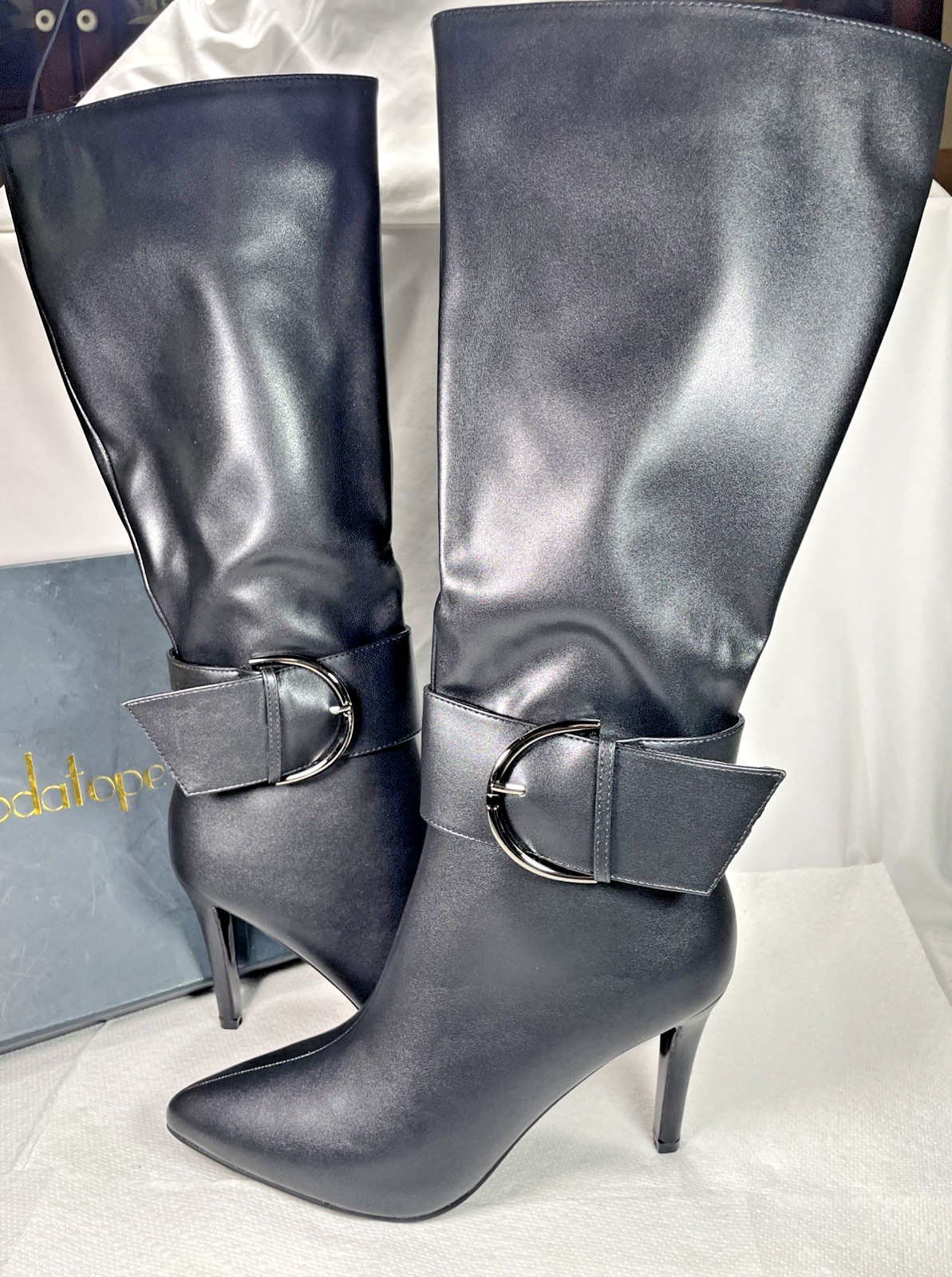 Modatope Knee High Boots Womens 9.5 Black Faux Leather Pointed Toe NEW