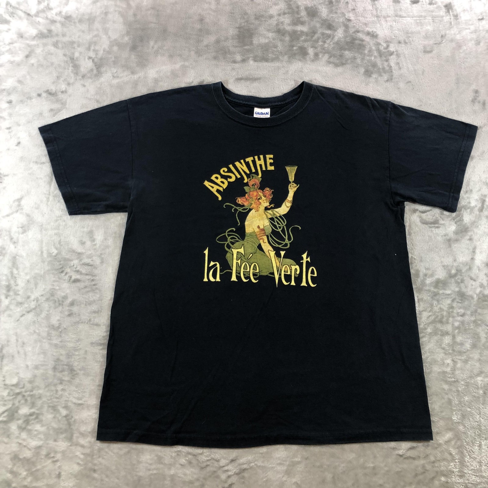 VTG Gildan Shirt Mens L Black Absinthe La Fee Verte Fairy Graphic Tee Alcohol