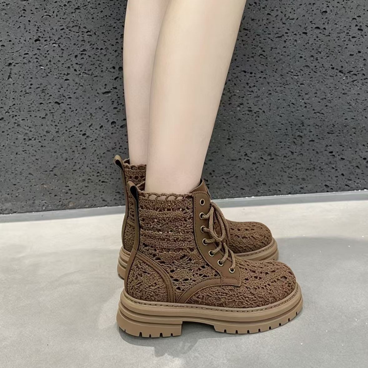 Thick Soled Lace Woven Cool Boots Womens Summer Mesh Breathable Fashion Shoes