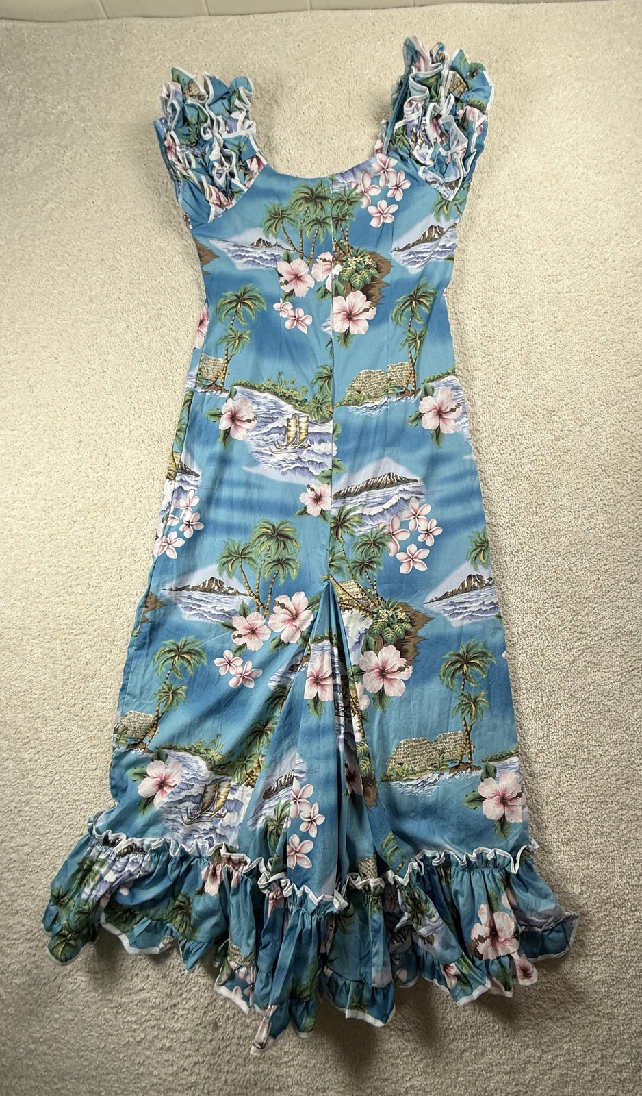 KY’S Hawaii Muumuu Dress Womens M Blue Floral Cotton Sundress Ruffle Hawaii