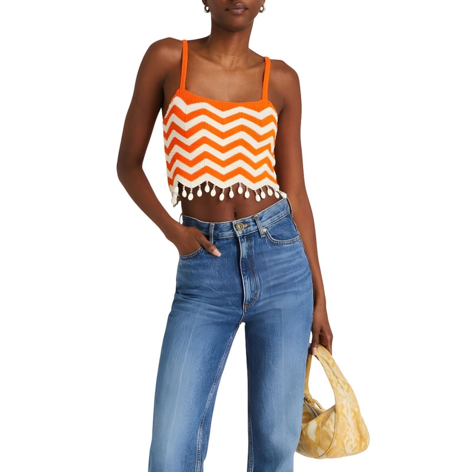 Sandro NWOT Cassandre Chevron Stripe Knit Crop Top Orange White Beaded Sz 0 / S