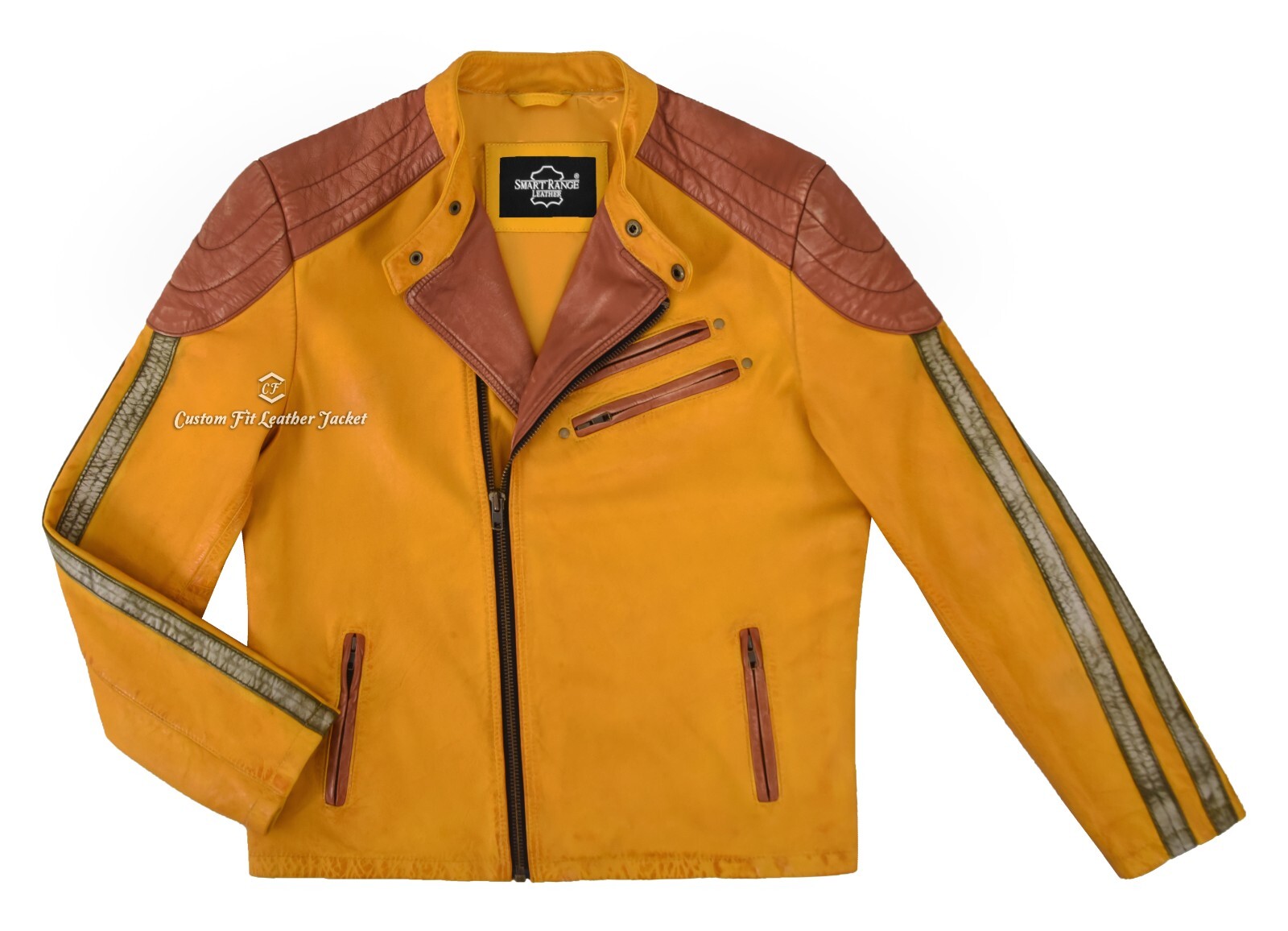 Men’s Racer Style Real Soft Leather Jacket Yellow Classic Motocross Biker Jacket