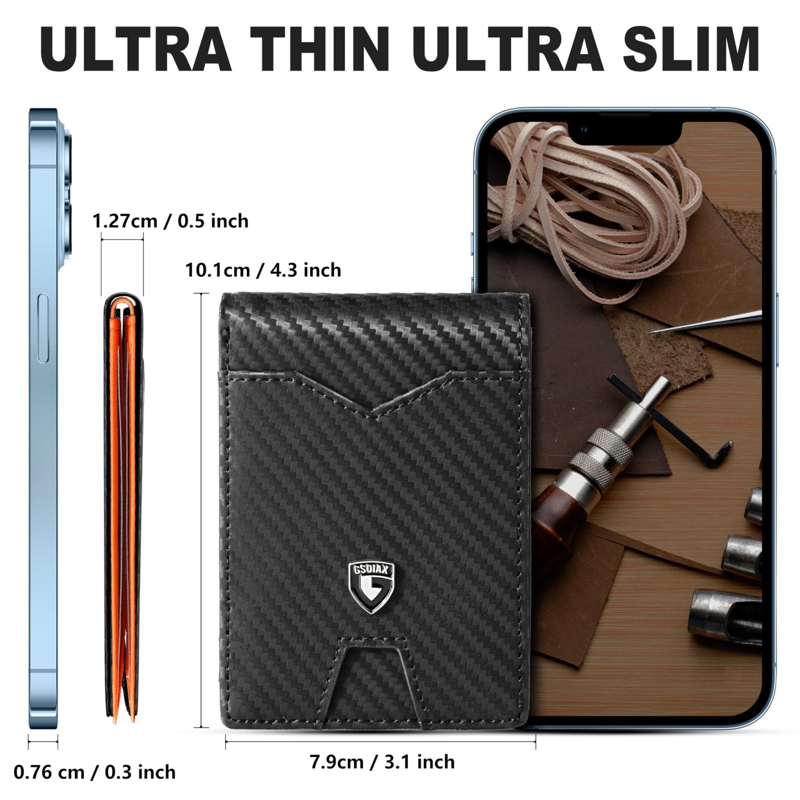 Slim Wallet for Men Rfid Blocking Leather Bifold Front Pocket Carbon Fiber Men’s