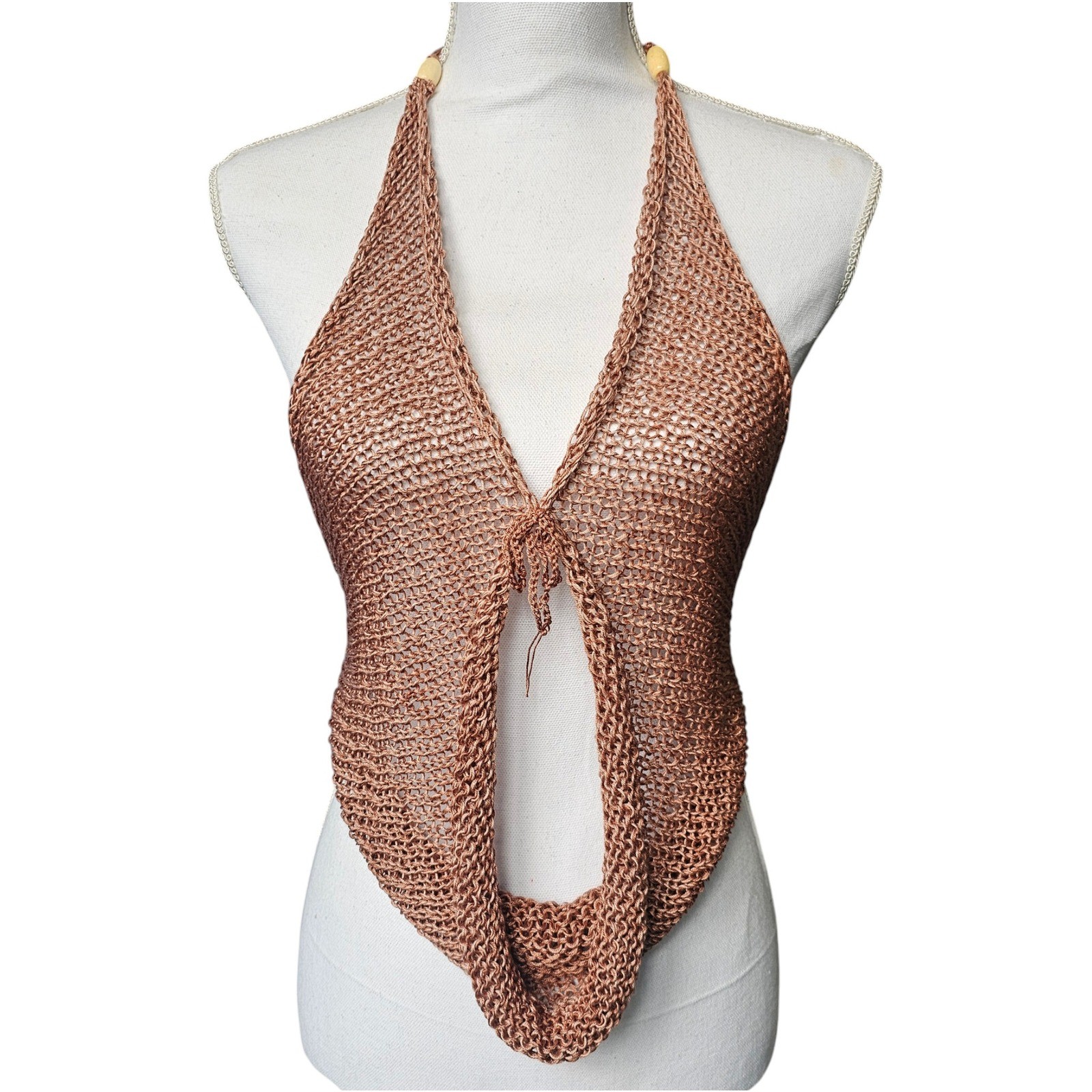 Handmade Knit Halter Top Copper, Bead Accent, Boho Festival Wear