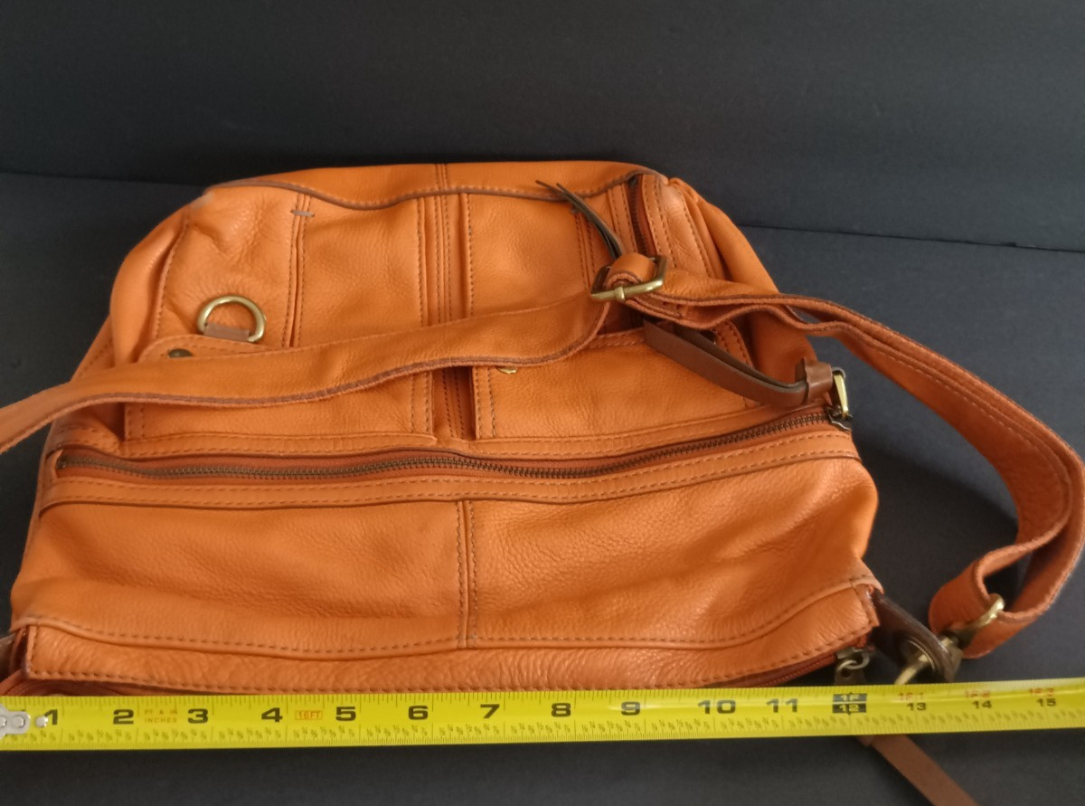 Fossil Crossbody Shoulder Bag Cognac Orange Leather Multi Pocket Brass