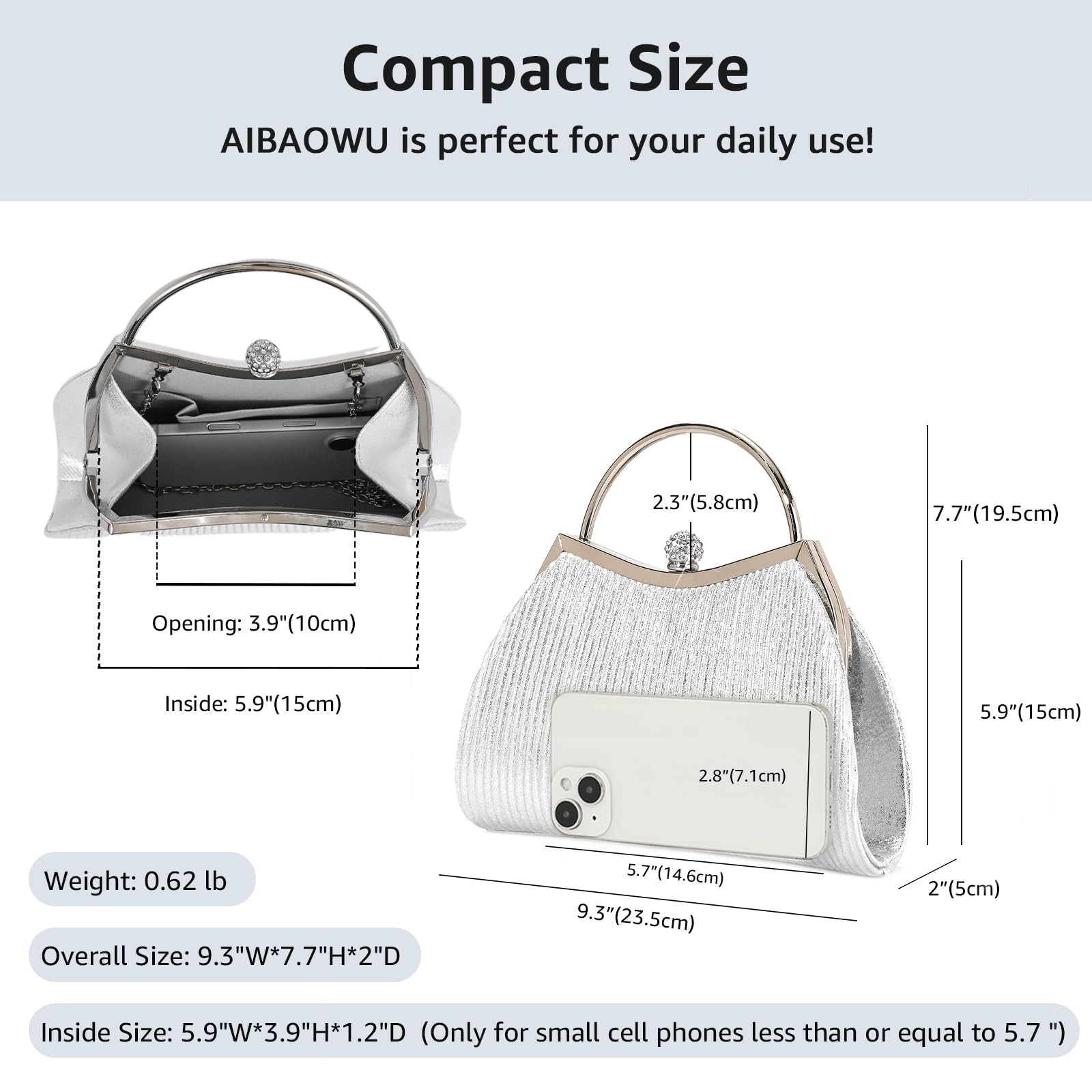 AIBAOWU Evening Bag for Women Sparkly Silver 9.3 x 7.7 x 2 inches, Y