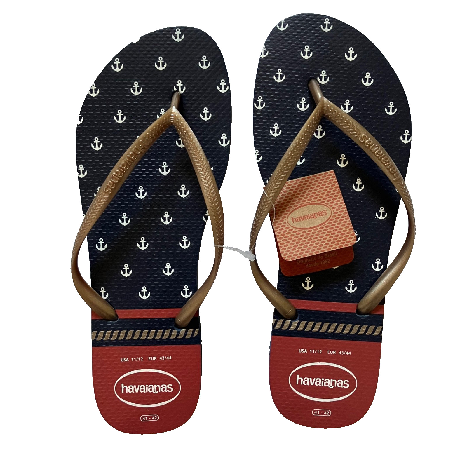HAVAIANAS Men Size 41/42 [US 11/12] NWT Navy Anchor Toe Thong Flip Flop Sandals