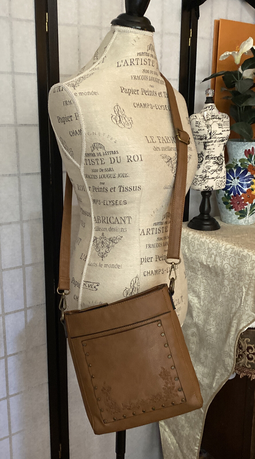 G.H. Bass Brown Embroid’d & Riveted Vegan Leather Shoulder Bag/Crossbody/Purse