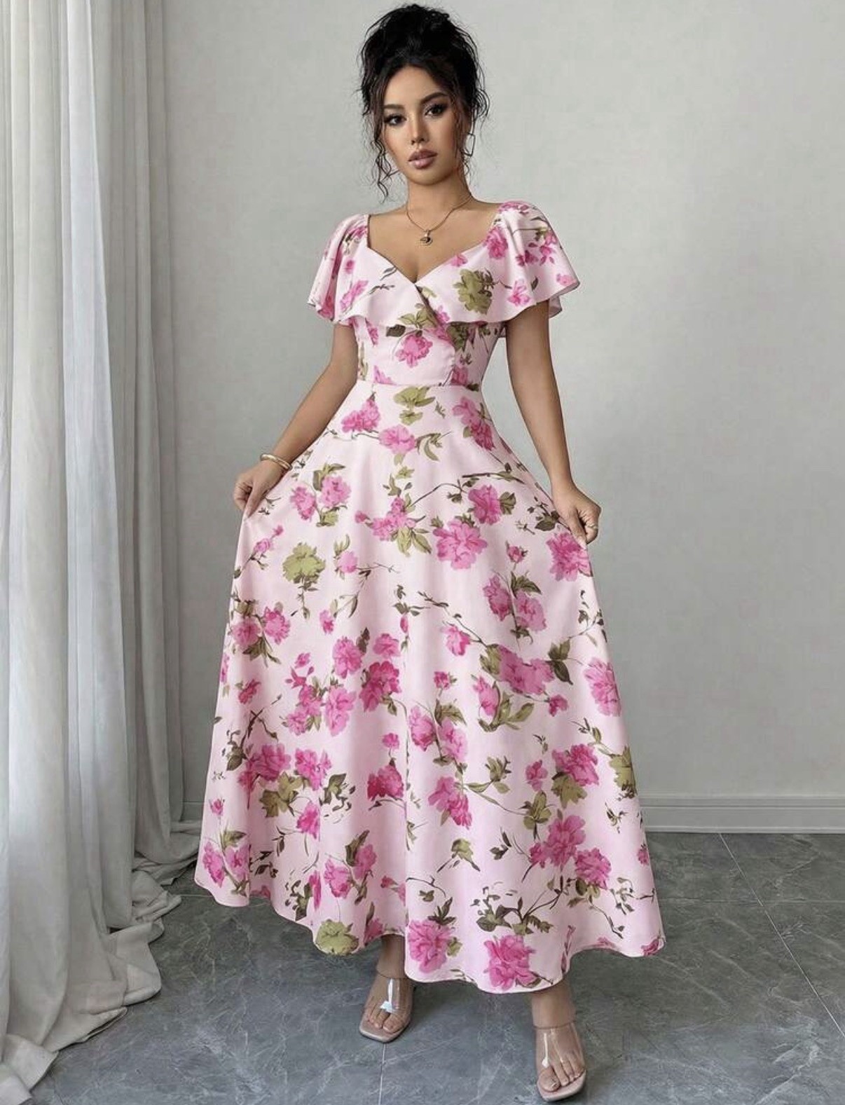 Brand New Floaty Ruffle Ditsy Flower Dusty Pink Maxi Dress Wedding Summer 16