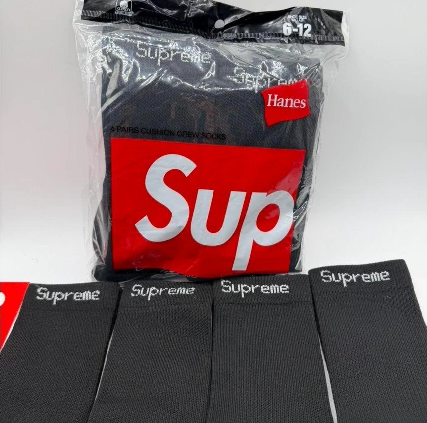 Supreme Hanes Black Crew Socks 4-Pack Men’s Size 6-12 New Sealed
