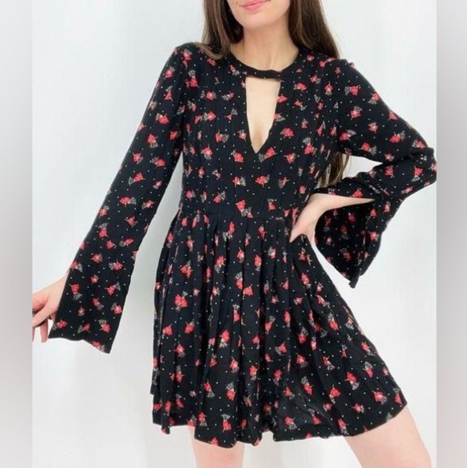 Free People ladies NWT Black Floral Combo Tegan Mini Dress. Size 2.