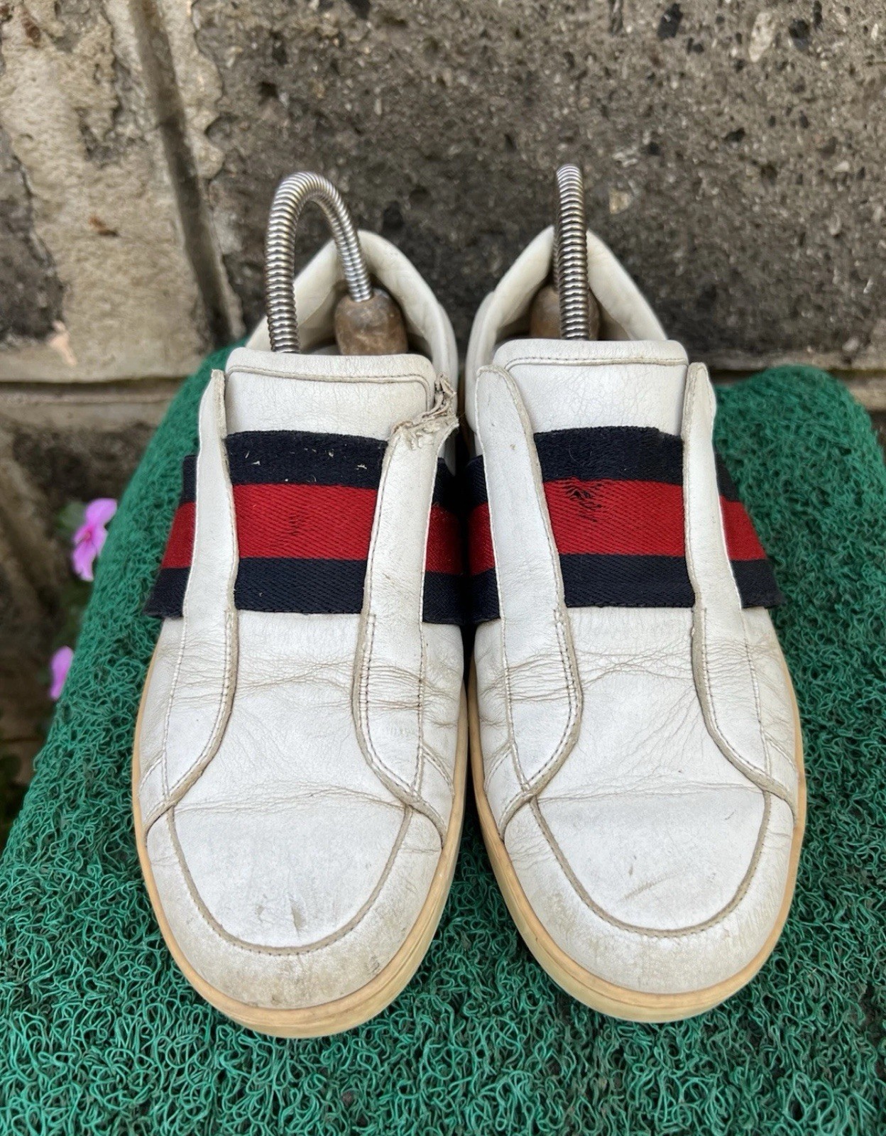 Gucci White 322749 Men’s Leather Slip-on with Web Sneakers U.S 6