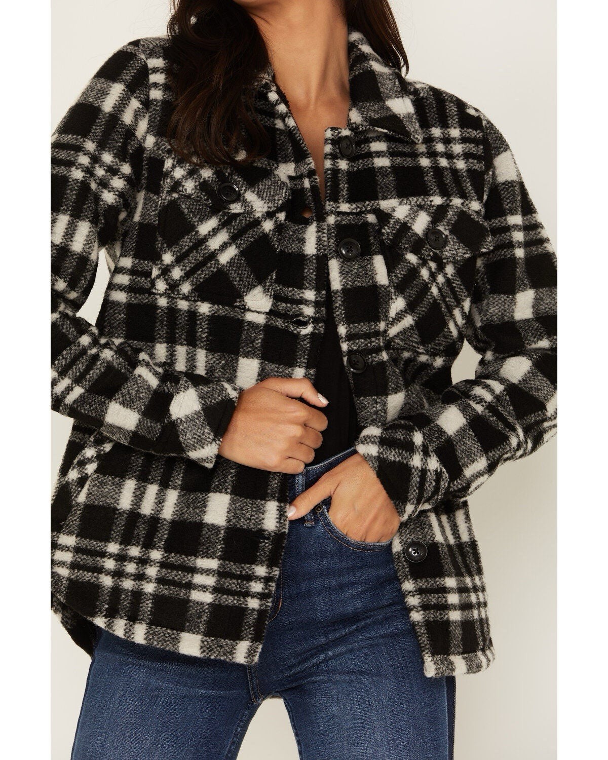 Idyllwind Sherpa Lined Plaid Shacket XS Black White Western Jacket Ranch Coat