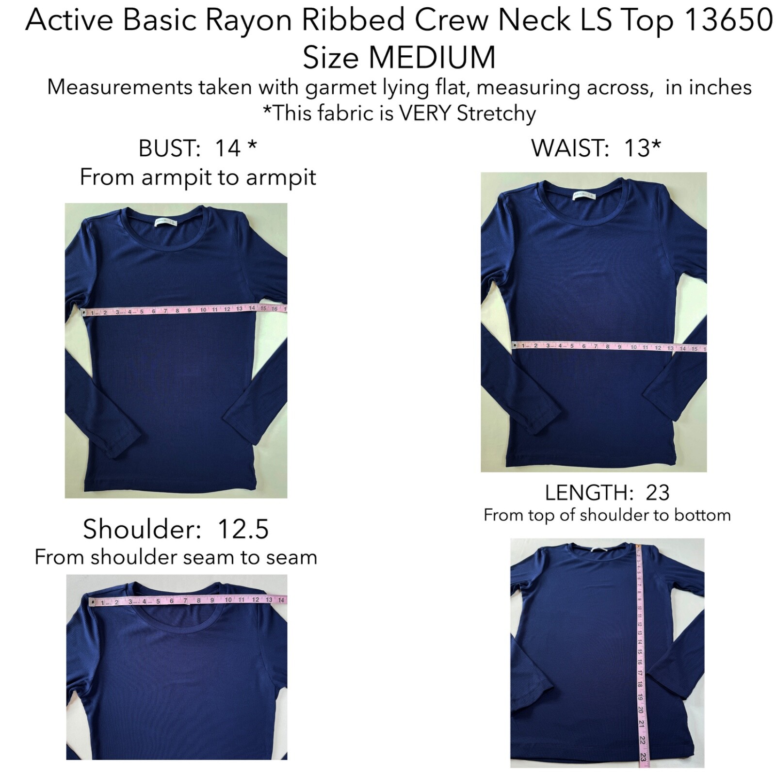 Active Basic 13650 Crew Neck Rayon Fitted 2X2 Rib Knit Long Sleeve Top Slim Fit