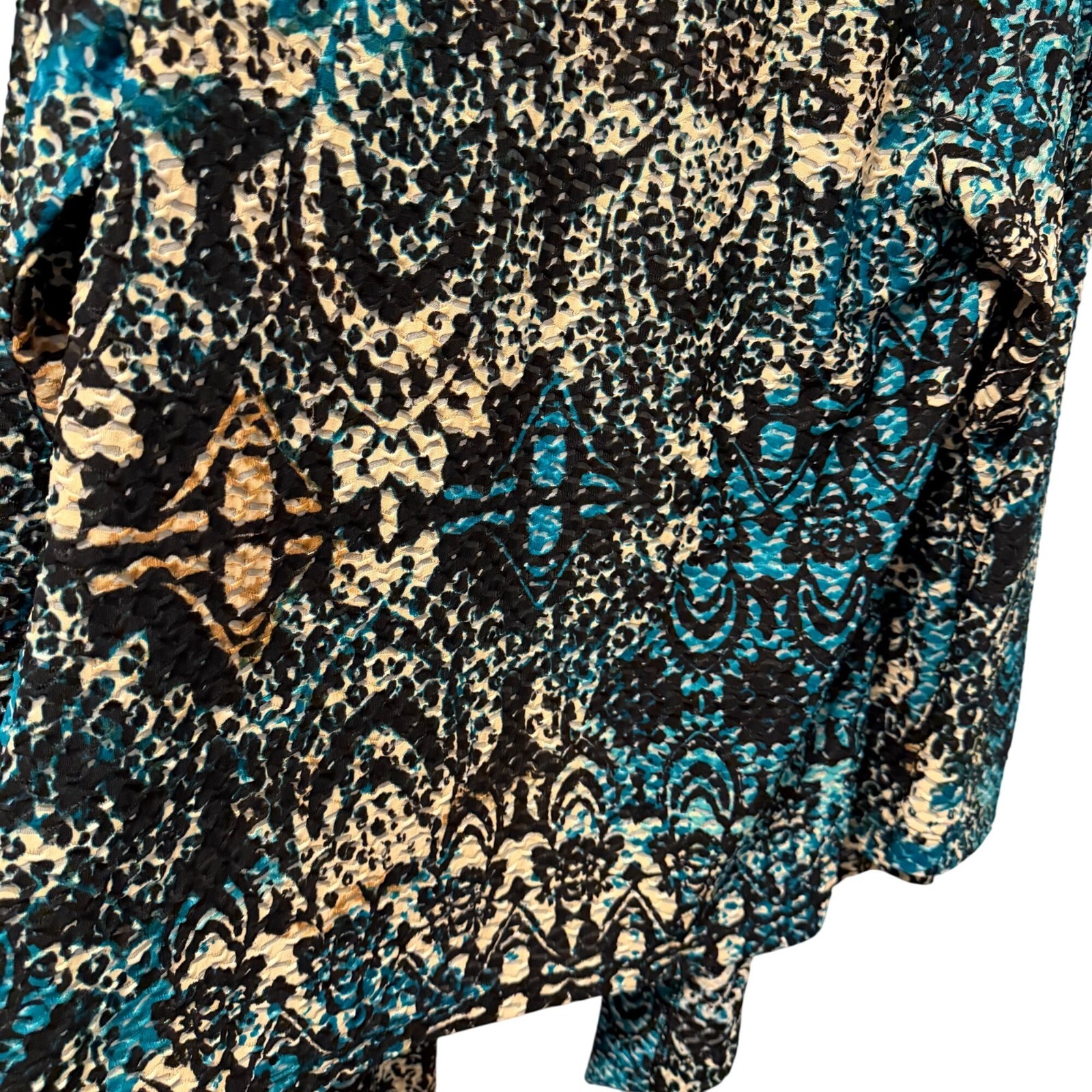 Chicos Open Front Cardigan Jacket Sz M Black Blue Beige Abstract Print