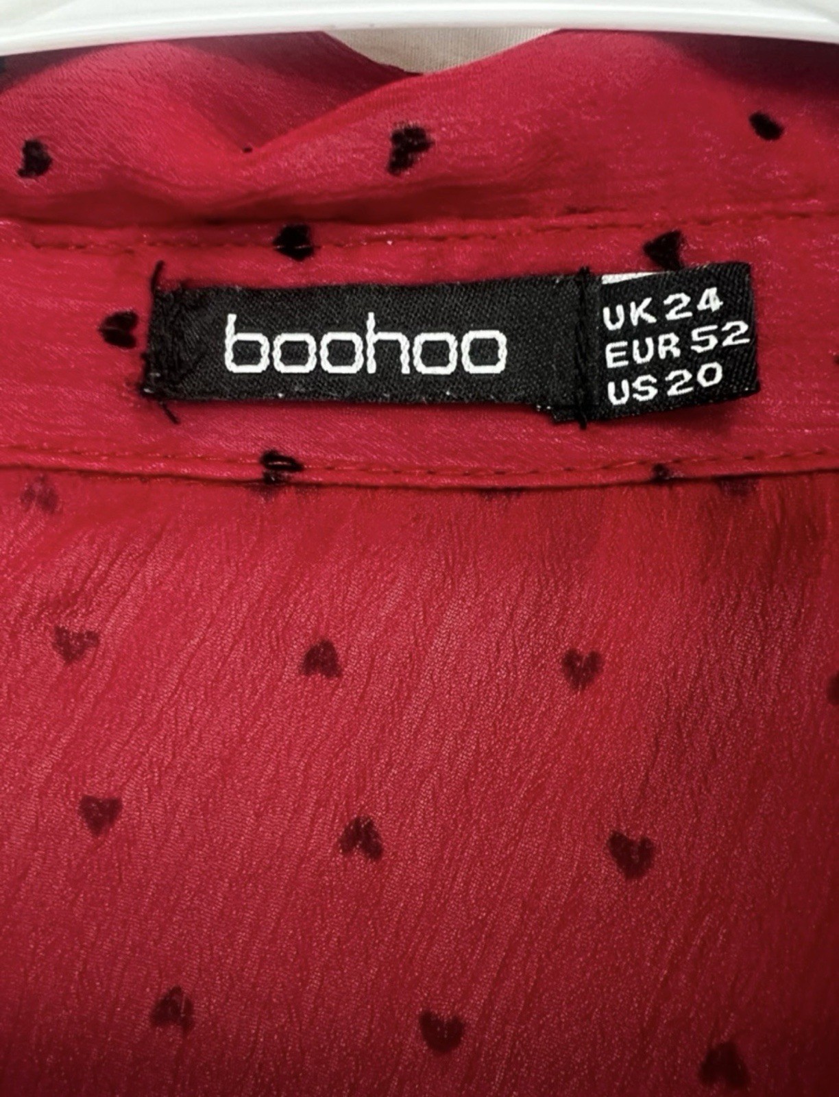 boohoo Red Sheer Chiffon Heart Print Collared Button-Up Long Sleeve Blouse 20