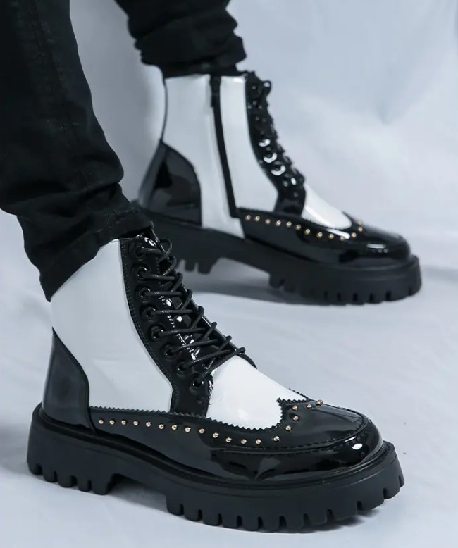 Men’s Carved Wing Tip High Top Platform Ankle Boots Studded Brogue Chukka Shoes