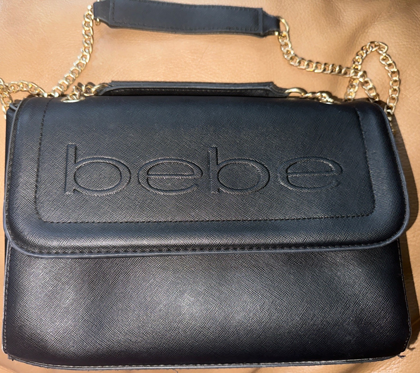 bebe Black Logo Flap Quilted Crossbody Bag Gold Chain Convertible Detach Strap