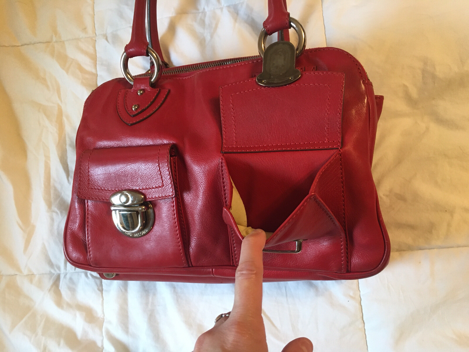 MARC JACOBS Multi-pocket Push Lock Red Leather Satchel Purse Bag