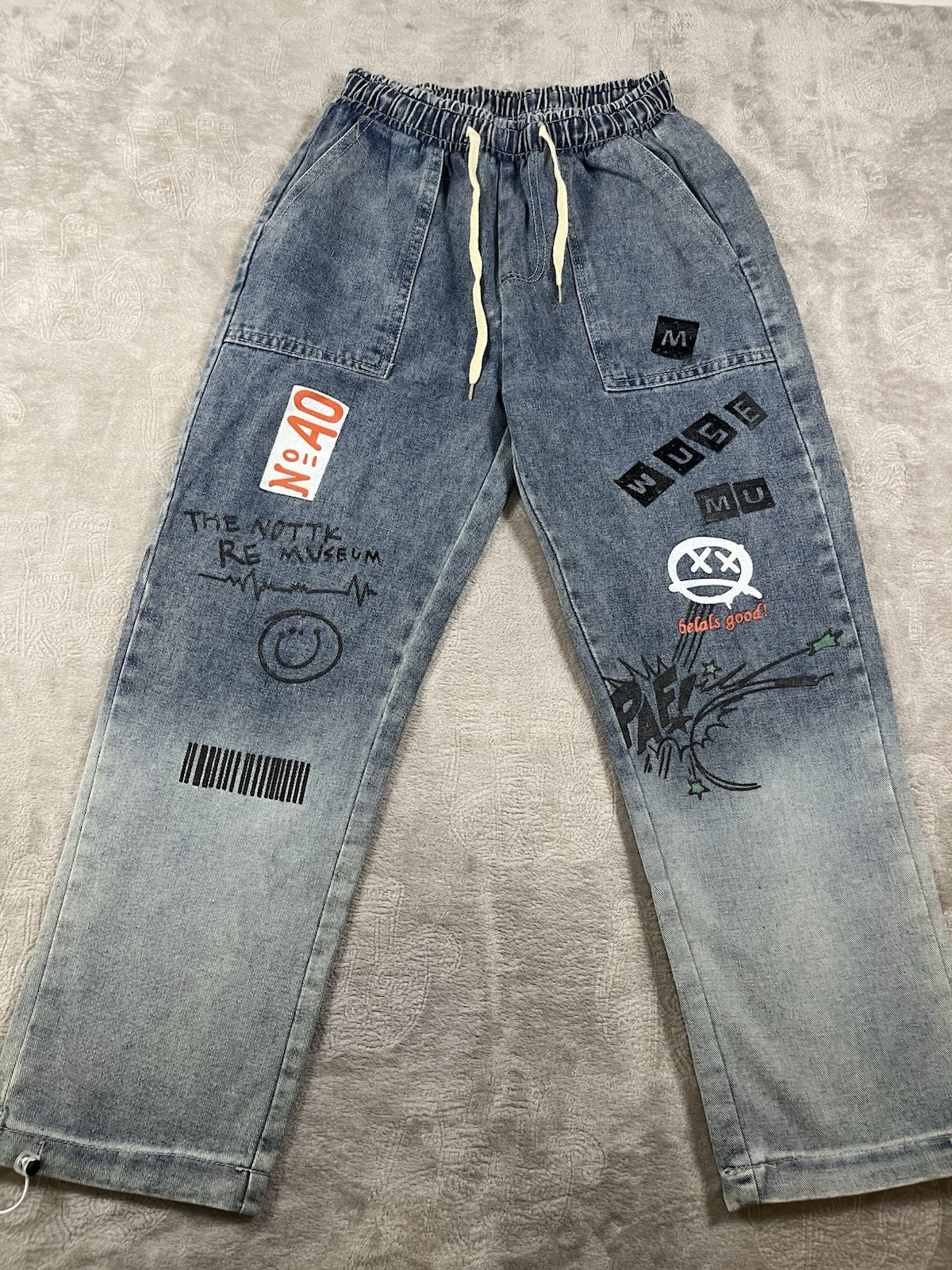 Men’s Pull-On Denim Jeans Graffiti Straight Leg Casual Punk Pants Hip Hop 30