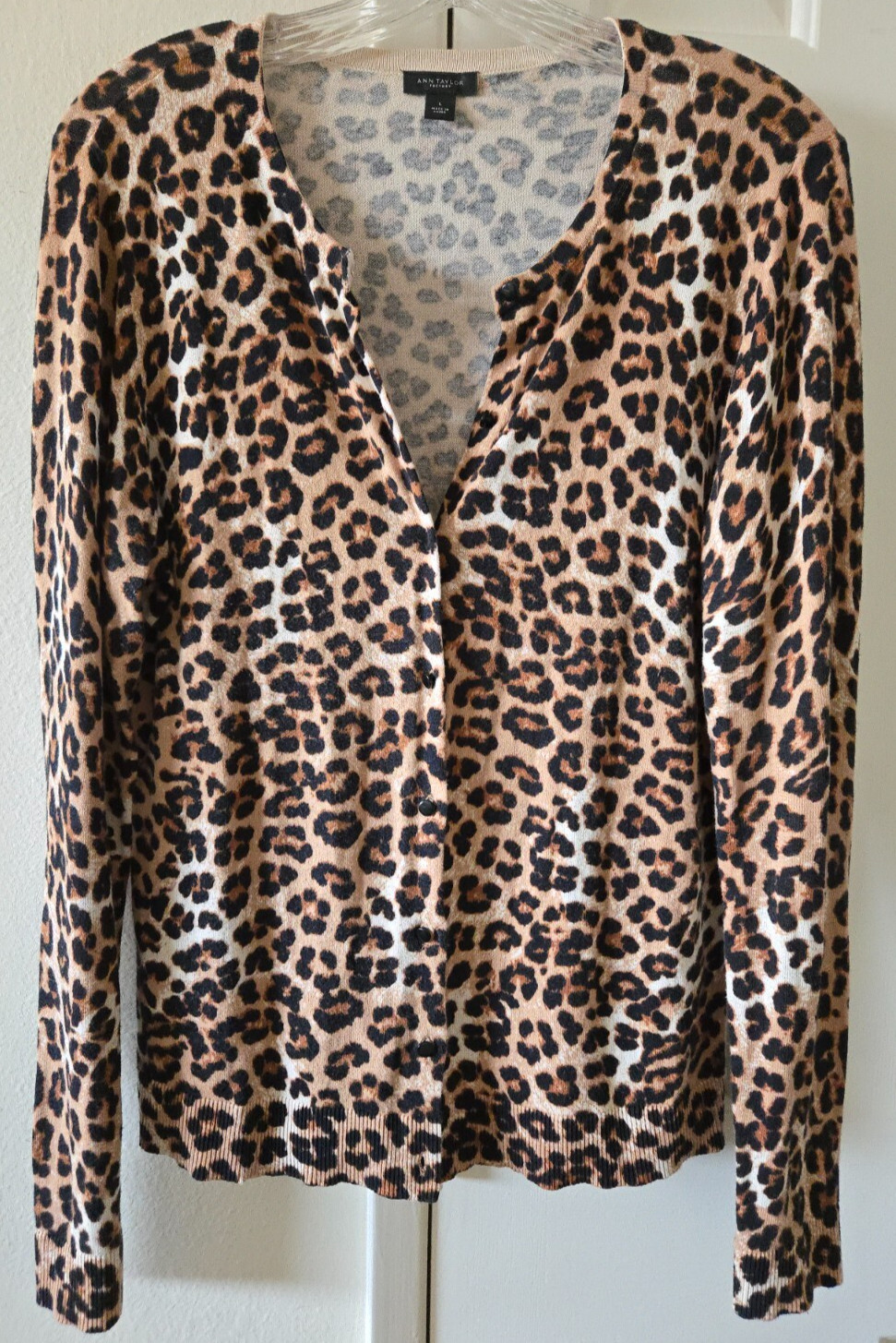 Ann Taylor Black & Tan Animal Leopard Print Lt Wgt Crew Cardigan Sweater 12 14 L