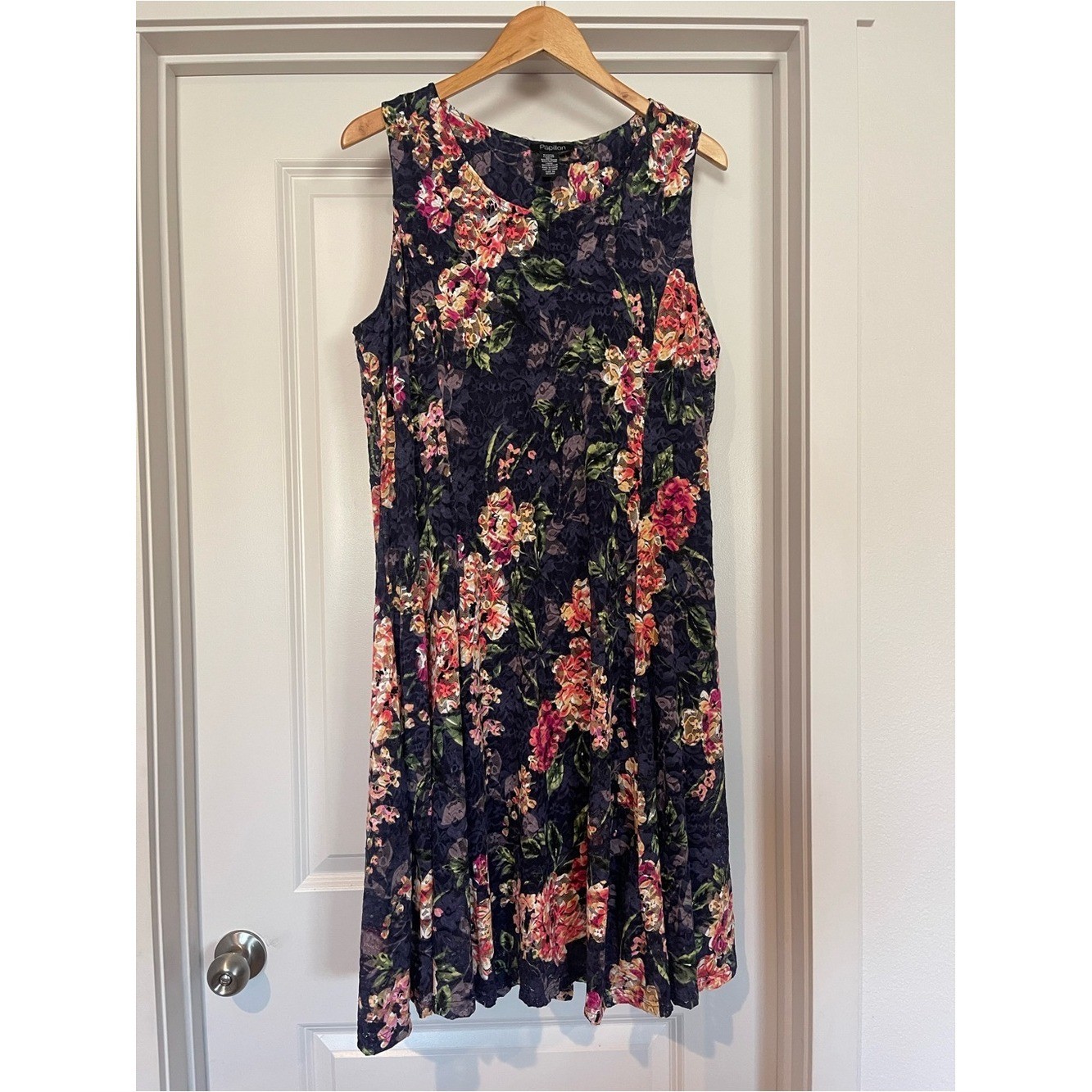 Papillon Navy Floral Sleeveless Midi Dress with Pink & Green Accents Flowy Lace