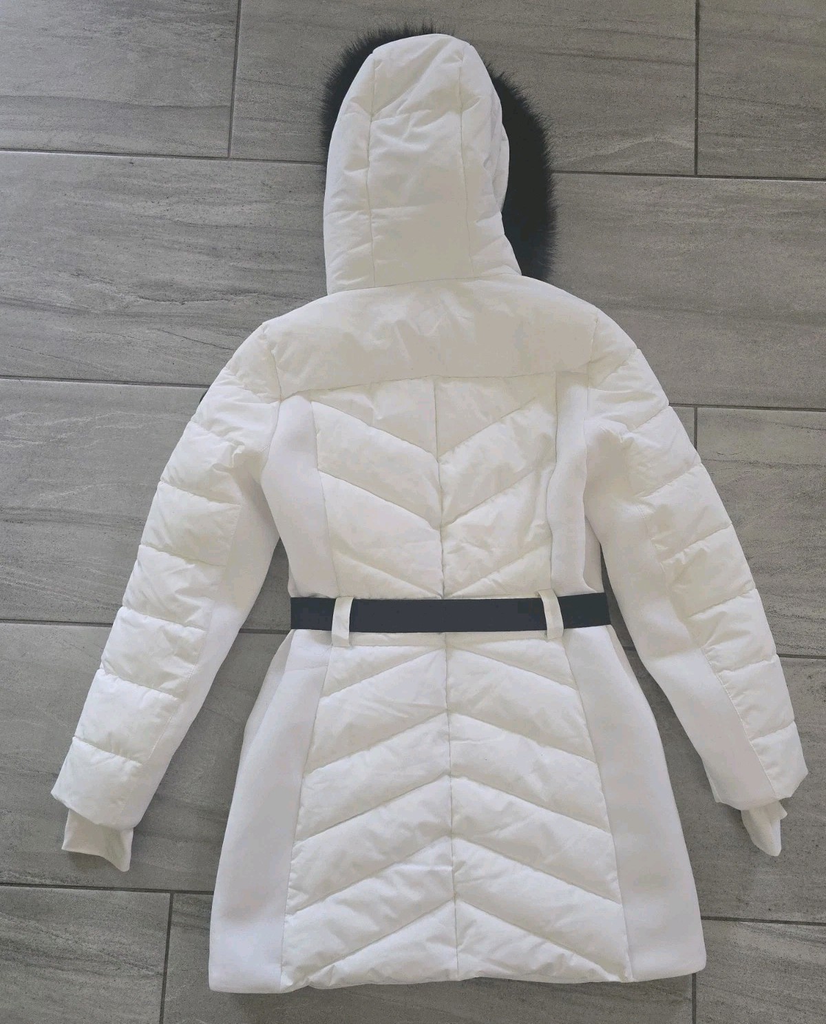 Michael Kors Women’s Belted Hooded Puffer Coat Faux Fur Trim Size S Retail $300
