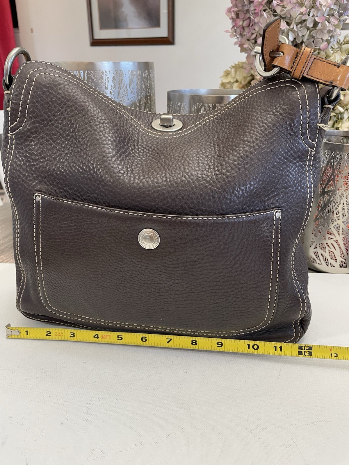 Coach Luxe Dark Brown Pebbled Leather Shoulder Bag Tote Purse w/ Wristlet Set