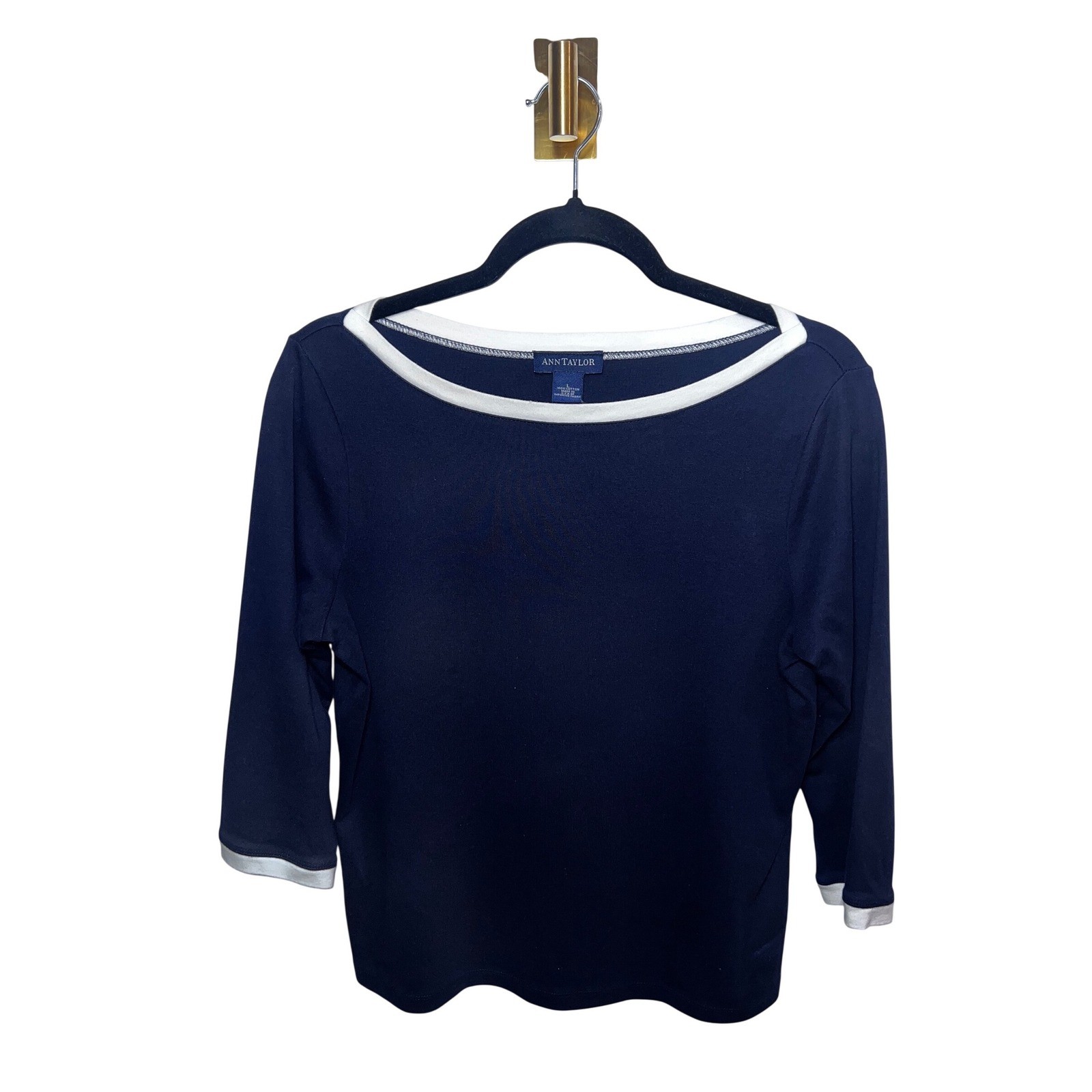 Vintage Ann Taylor Nautical Navy Blue 3/4 Sleeve Boat Neck Contrast Trim- Large