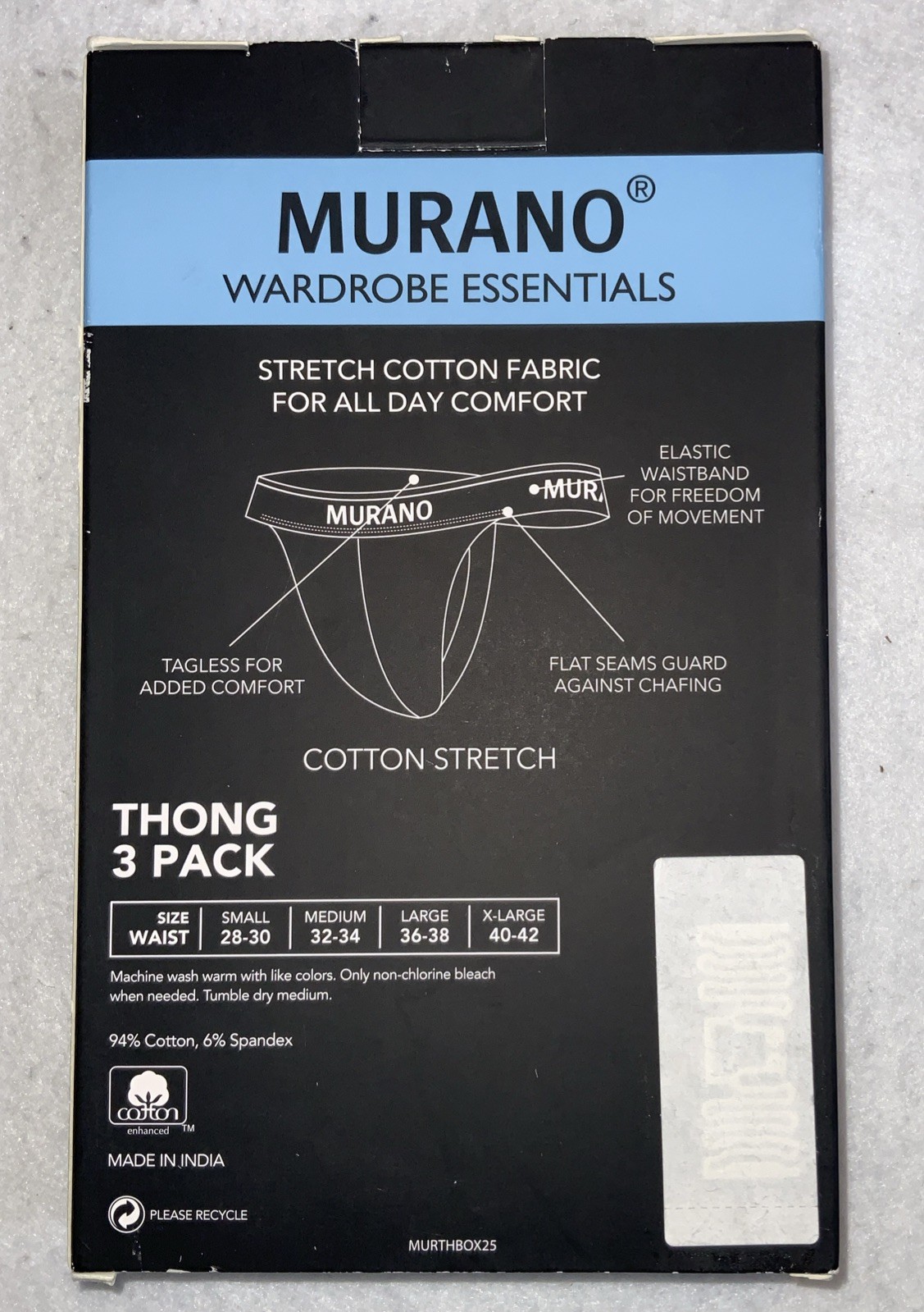 Murano Wardrobe Essentials Men’s 3 Pack Cotton Stretch Thong Size Medium(32-34)