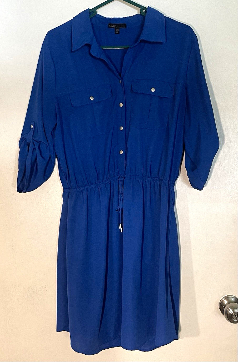 BeBop Blue Solid Shirt Dress Collared Button Front 3/4 Sleeve Short XL