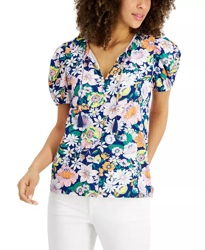 /LX025/ Style & Co Plus Cotton-Blend Mixed Media Top Blue Floral Sz 2X $49.5