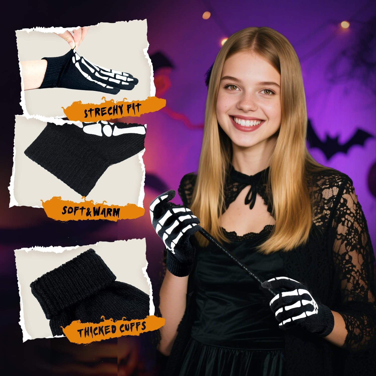 CROSSFINGERS Skeleton Gloves Glow in the Dark Large, Full Finger-adult